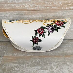 Ed Hardy White Snap Front Sunglass Case Embroidered Butterflies Roses Case Only
